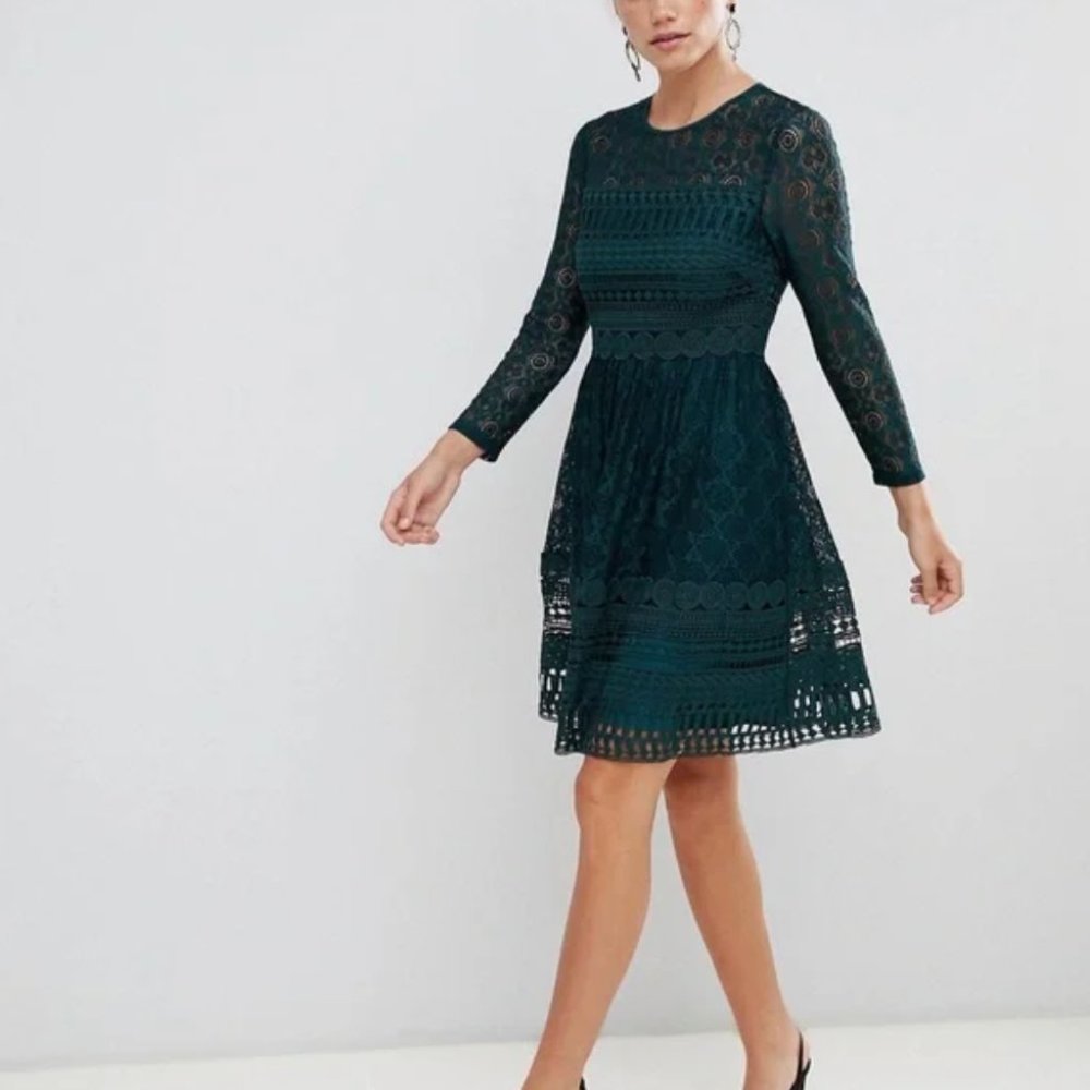 Forest Green Skater Dress Lace with Long Sleeves by ASOS